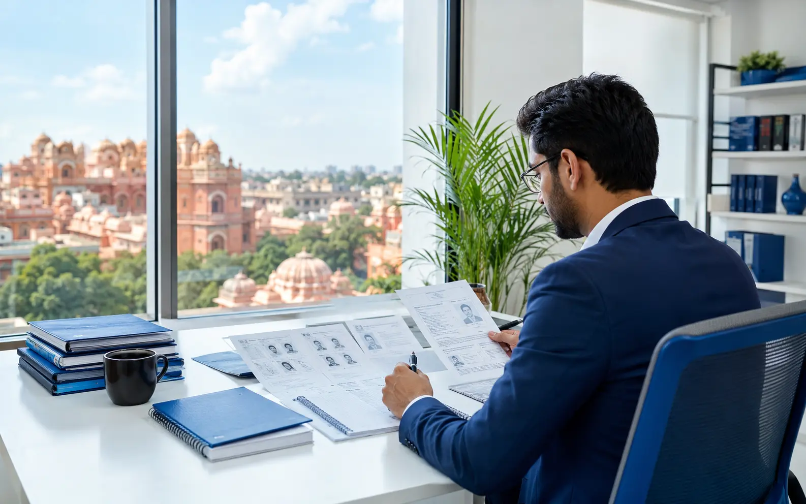 Investigator reviewing documents and evidence in a bright Jaipur office